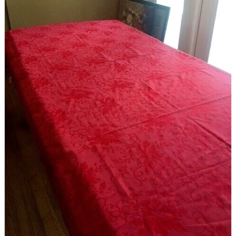 Red Damask Christmas Tablecloth Poinsettias 96"